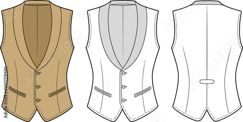 CAD drawing flat vector illustration of men's formal vest with buttons, shawl collar, front pockets, front and back view design