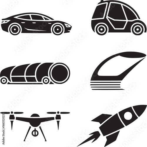 Art of collection of futuristic transportation icons including a sleek electric car, a compact autonomous vehicle, a modular train, a highspeed rail, a drone, and a rocket ship