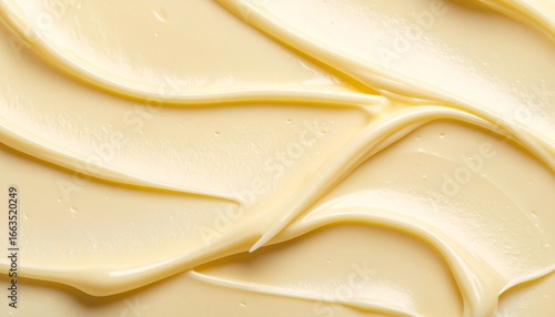 Close-up of smooth, glossy butter or margarine with spread ridges and grooves.