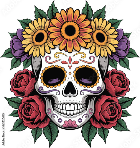 Gothic skull illustration featuring roses in a tribal tattoo art style with a grunge design representing a dead devilish head for Halloween