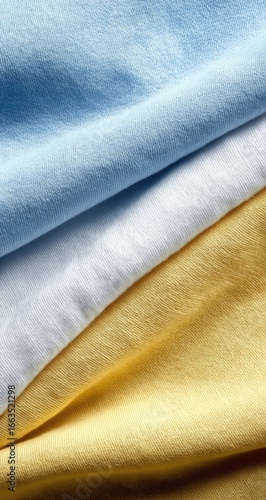 Soft, folded fabrics in light blue, white, and yellow