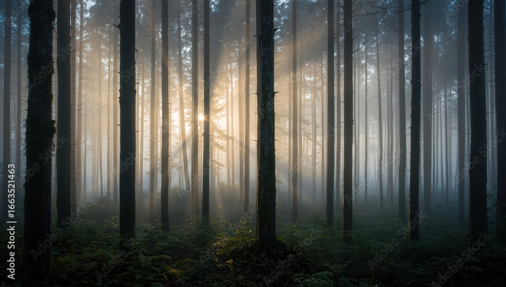 Naklejka premium Soft mist envelops tall mossy pines with golden light and cool shadows