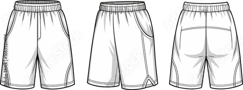 Cad drawing flat vector illustration of men's sports shorts, technical fashion sketch with front, side, back views, athletic design details, activewear garment template, editable layout