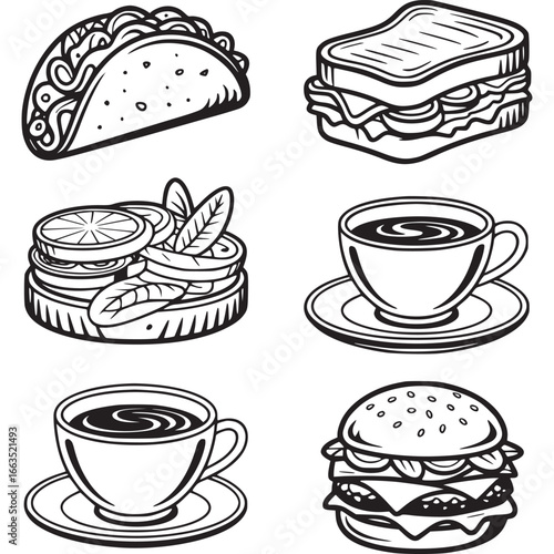 Art of assortment of popular fast food and beverage items, featuring a taco, sandwich, burger, and coffee cups with saucers, presented in a clean, graphic style