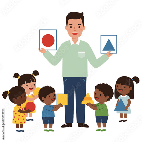 Teacher Teaching Shapes to a Group of Preschool Children Learning Geometry
