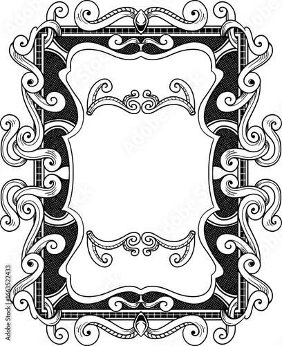 featuring a vintage book cover design in black and white