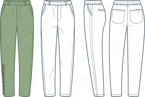 CAD drawing flat vector illustration of men's tapered jogger pants with waistband detail, side pockets, fashion design sketch template for casual wear and sportswear