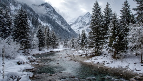 Wallpaper Mural Snowy mountain valley river scene Torontodigital.ca