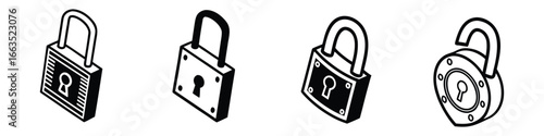 Four black and white isometric padlock icons with keyholes and different designs security safety