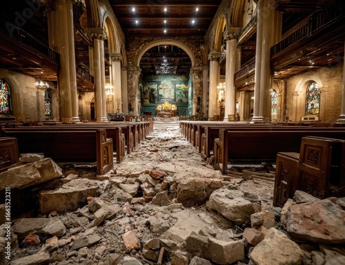 Interior of a damaged church.  Ruined floor, rubble, pews