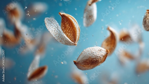Dried flower petals, light brown and white, suspended in mid-air, against a teal background with tiny particles