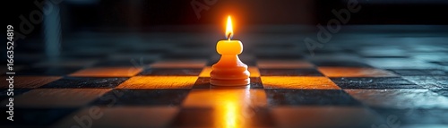 Flickering candle beside a small chess piece on a chessboard