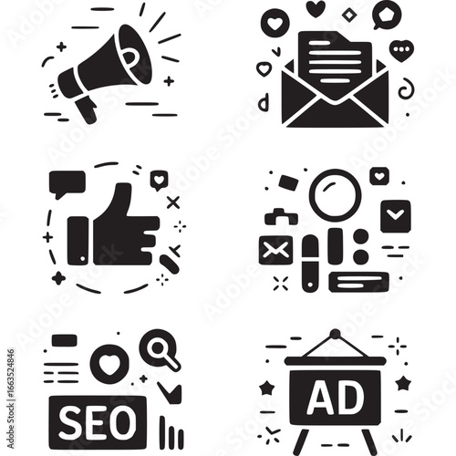 Art of a compilation of digital marketing and social media icons, including a megaphone, email, like button, search, and seo elements