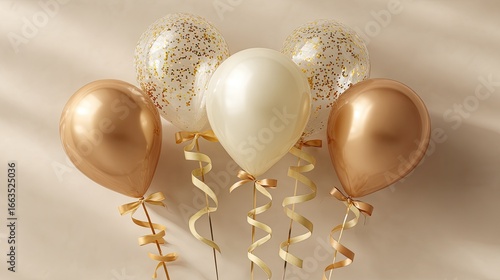 Four cream and gold balloons tied with ribbons