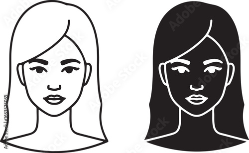 Vector art of woman face with long hair and bangs on isolated