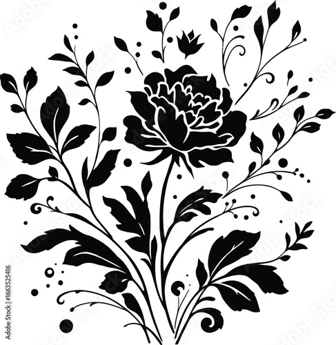 Rose Silhouette Vector Illustration – Elegant Black Floral Design with Leaves, Buds, and Ornamental Botanical Flourishes