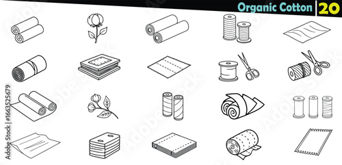 Set of black and white line art icons representing organic cotton products and sewing supplies