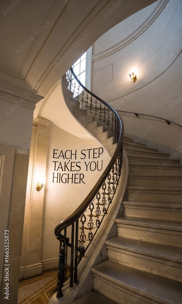 Obraz premium Elegant Spiral Staircase with Inspirational Wall Quote and Lighting