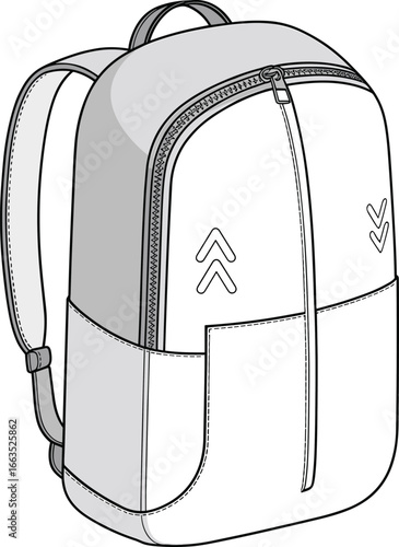 CAD drawing flat vector illustration of modern backpack design, technical fashion sketch, school bag outline, accessory concept, detailed line art rendering, gear layout.