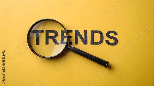 Magnifying glass highlighting “TRE” in the word “TRENDS” on yellow background – Market analysis, trend spotting, focus, editorial concept, innovation, research, strategy
