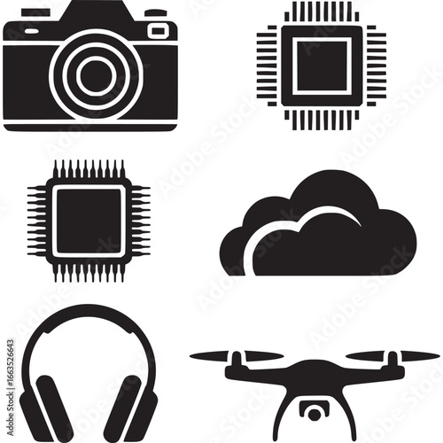 Art of collection of modern flat icons depicting various technological devices and components including a camera, processors, cloud, headphones, and a drone