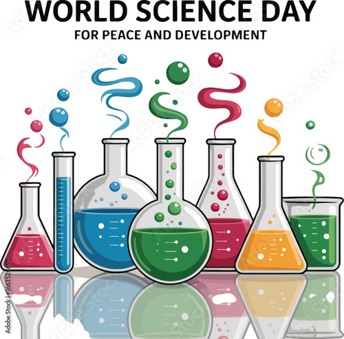 Chemistry lab glassware with flasks, beakers, and test tubes for scientific experiments and research