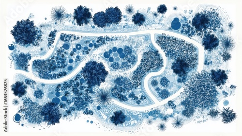 Blueprint of city park bioswale with stormwater paths, native plants, and underground reservoirs. White background.