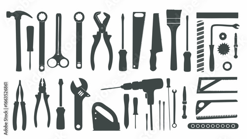 Illustration of various hand tools including wrenches screwdrivers and saws in a dark gray color