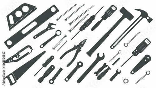 Illustration showing various hand tools including saws screwdrivers hammers and wrenches spread out randomly