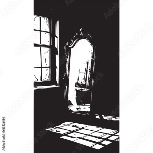 Art of an antique, ornate standing mirror with a detailed frame, reflecting a dimly lit room with windows and casting long shadows on the wooden floor