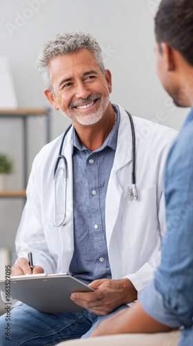 Smiling middle-aged male doctor in white coat, holding clipboard, engaging in conversation with patient in modern healthcare setting, showcasing compassionate medical care and professionalism