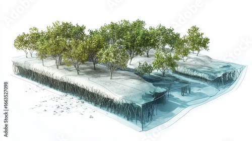 Blueprint of coastal mangrove protection with tide sensors, surge models, and root zone mapping. White background.