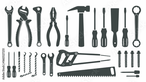 Illustration of various hand tools including wrenches pliers screwdrivers and saws in silhouette style