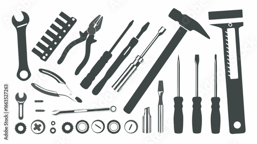 Illustration showing a collection of various hand tools including wrenches screwdrivers and pliers hammer