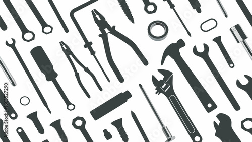 A collection of various hand tools including wrenches pliers and screwdrivers in silhouette style art