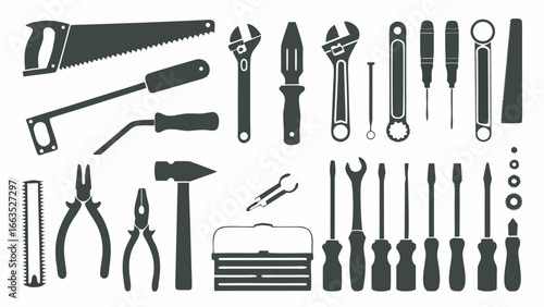 Illustration showing a collection of various hand tools including saws wrenches and screwdrivers