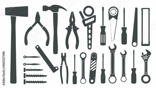 Illustration of various hand tools including hammers pliers screwdrivers and wrenches on a white background