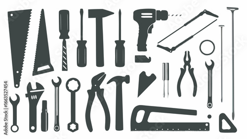 Illustration showing a collection of various hand tools including saws wrenches pliers and screwdrivers