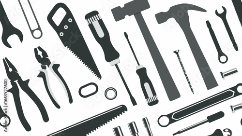 Illustration of various hand tools including wrenches pliers screwdrivers and hammers on a white backdrop