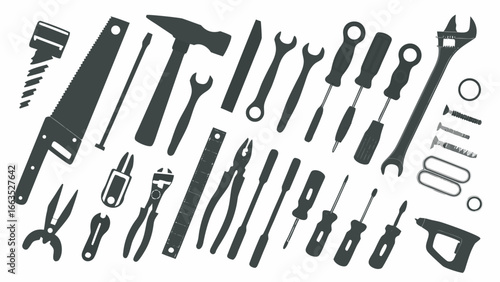 Illustration of various hand tools including saws hammers wrenches pliers screwdrivers and other hardware items