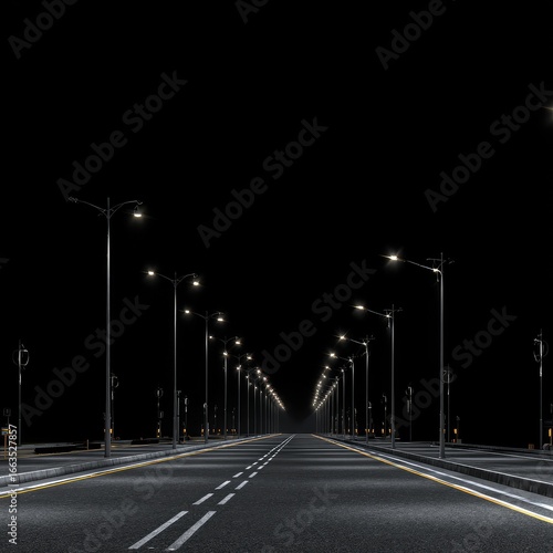 Empty road at night, illuminated by streetlights