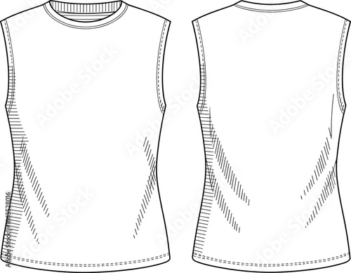 Athletic tank top, technical flat sketch, front and back view, sleeveless activewear design, vector apparel template, men’s sports shirt