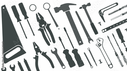 Illustration depicting a collection of various hand tools arranged on a white background surface