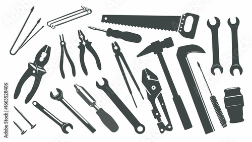 Illustration of various hand tools including wrenches pliers and hammers arranged on a white background