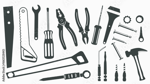 Illustration of assorted hand tools including saws wrenches pliers and screwdrivers in dark gray shades