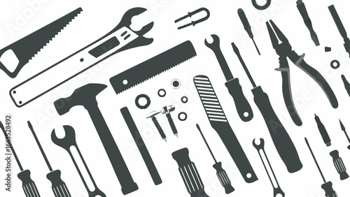 Illustration of various hand tools including wrenches screwdrivers and pliers on a white background
