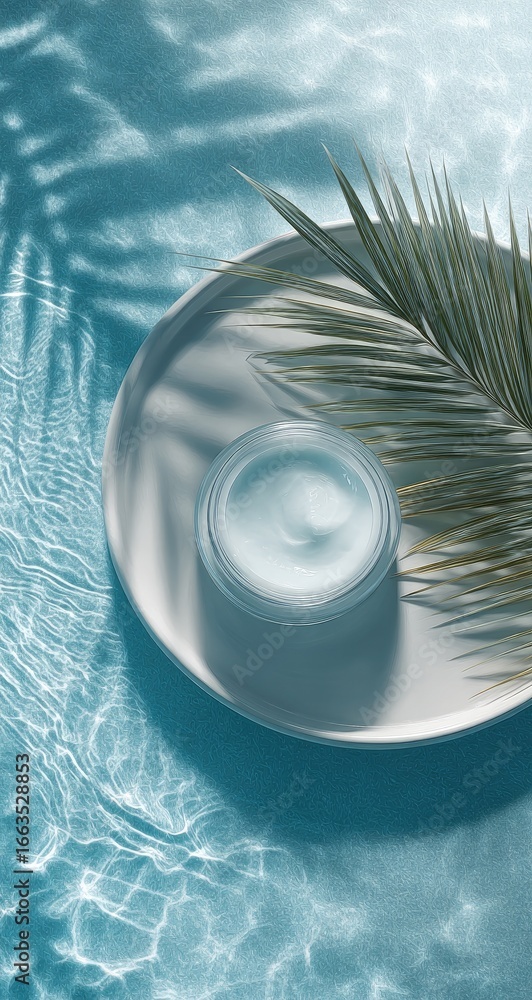 Fototapeta premium Cream jar on a plate, tropical leaf, water ripples