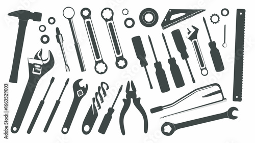Illustration of various hand tools including wrenches screwdrivers pliers and a hammer on a white background