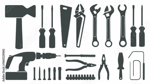 Illustration of various tools including hammer, screwdrivers, saw, wrenches, and drill in black silhouette