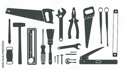 Illustration showcasing an assortment of carpentry and construction tools in a monochromatic color scheme